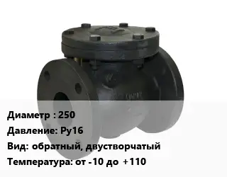 Клапан чугунный 250 Ру16 обратный, двустворчатый от -10 до +110